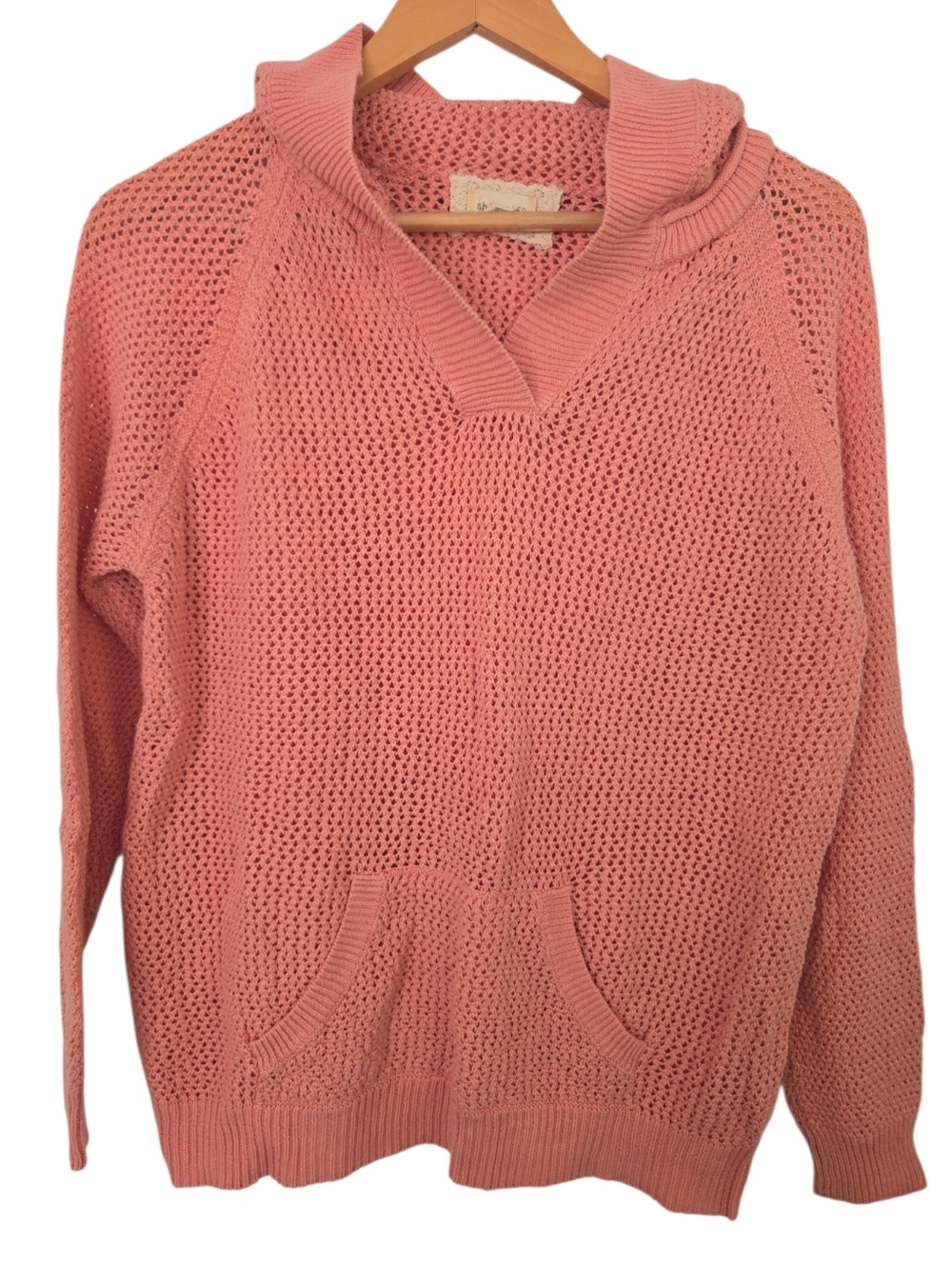 Open Knit Hooded Sweater Peach Boho Lightweight Hoodie Size Large Coastal Vibe